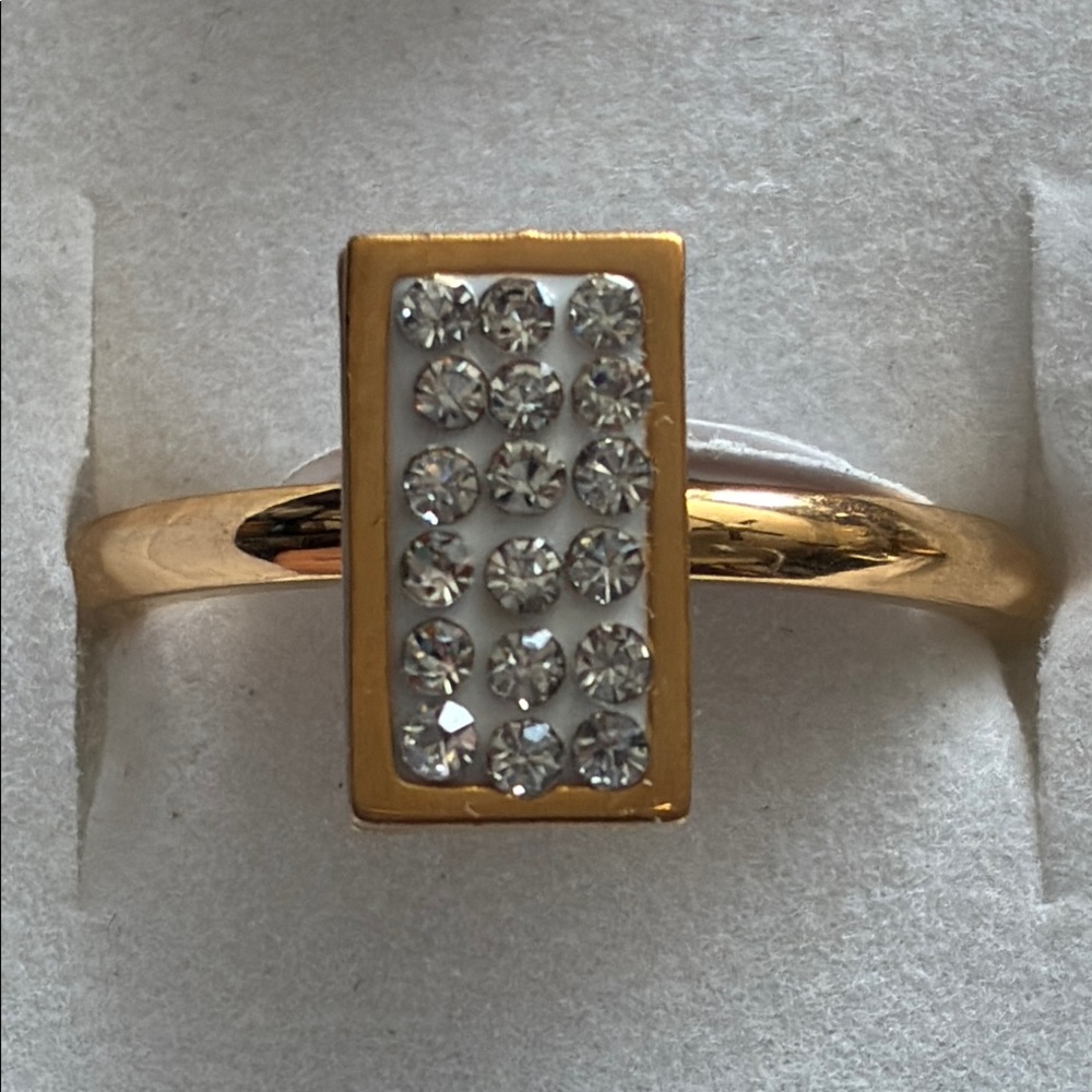 Gold Tone Crystal Rectangular Ring Stainless Steel